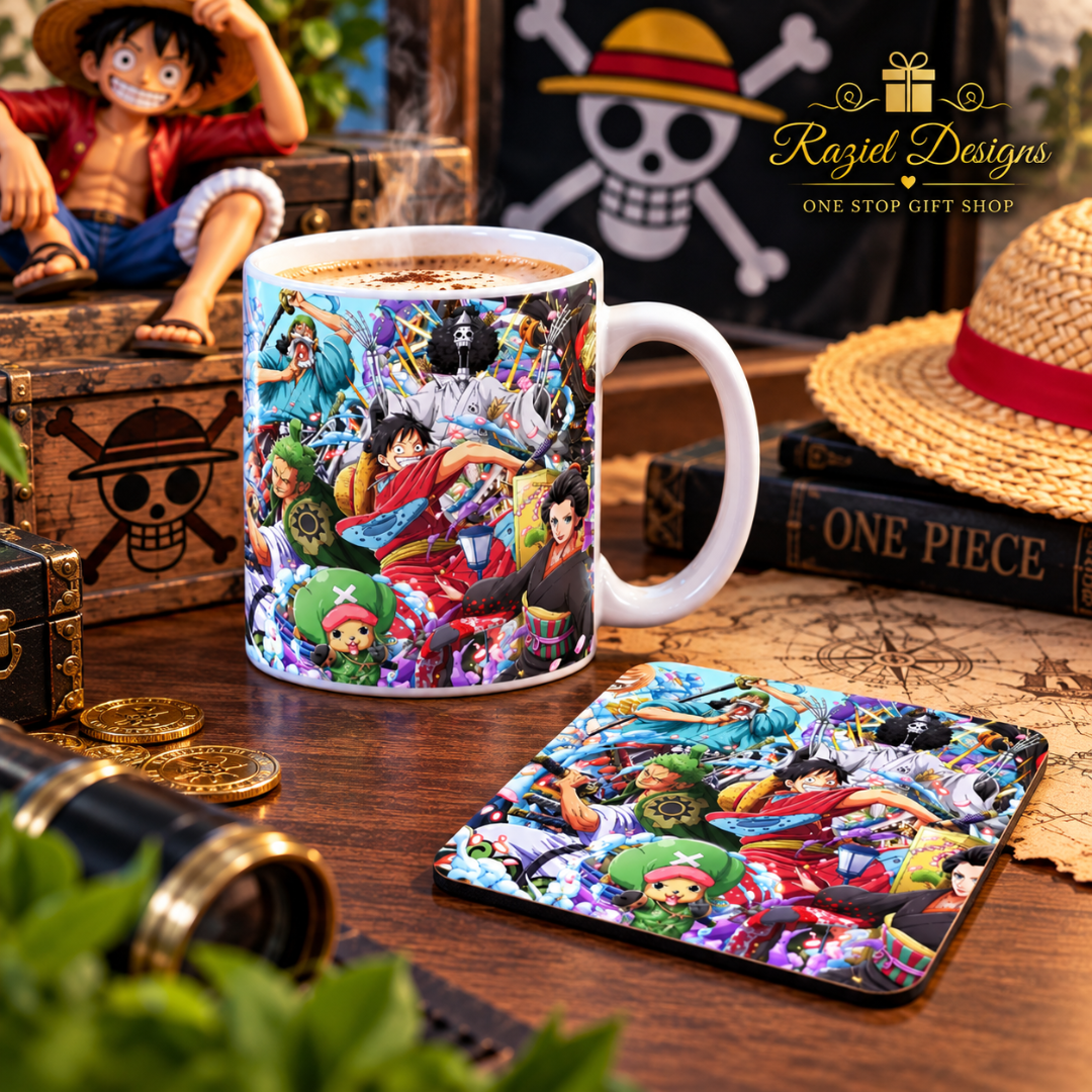 One Piece Themed Printed Coffee Cup and Coaster Set