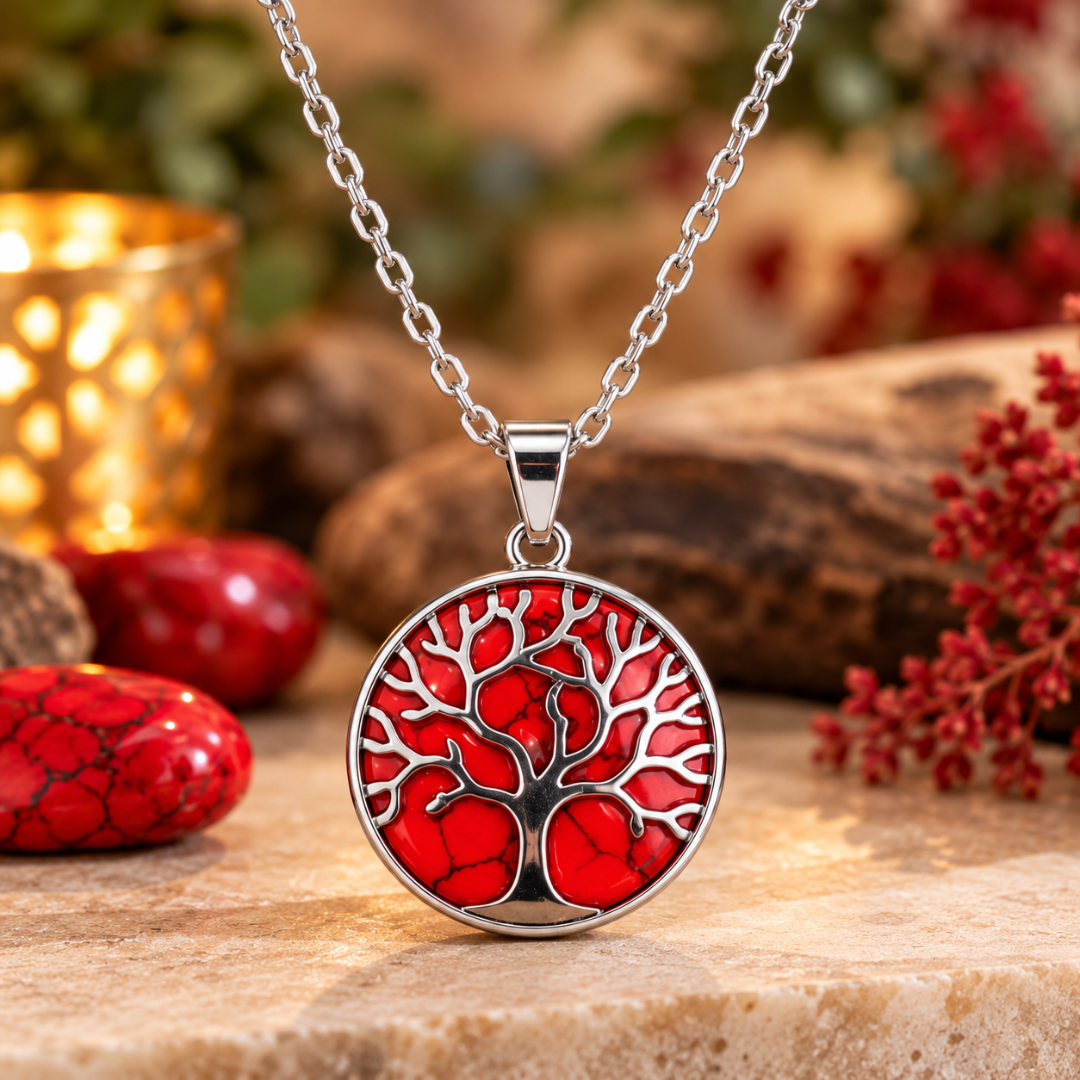 Red Howlite Tree of Life Pendant Necklace