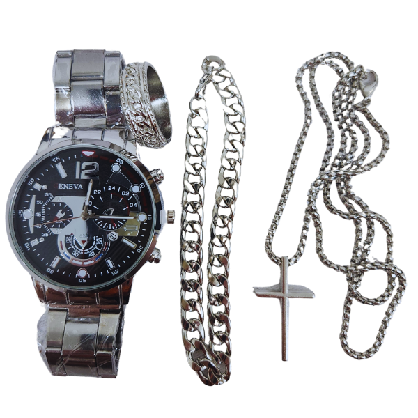 Regal Valor: Men's Stainless Steel Watch, Necklace, Bracelet & Ring Set ⌚⚡