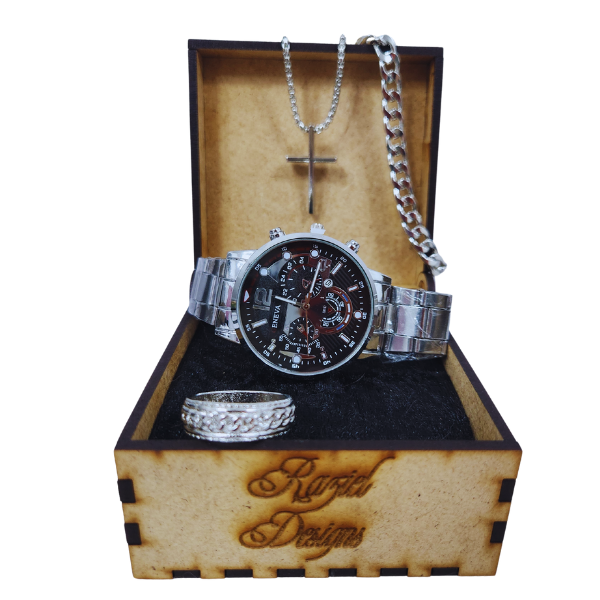 Regal Valor: Men's Stainless Steel Watch, Necklace, Bracelet & Ring Set ⌚⚡