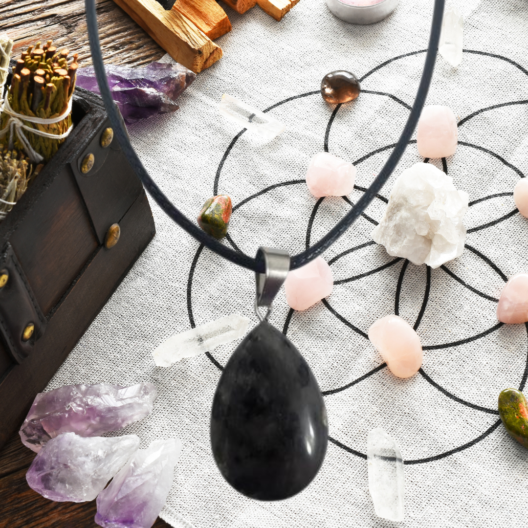 Shadow Veil Larvikite Teardrop Necklace