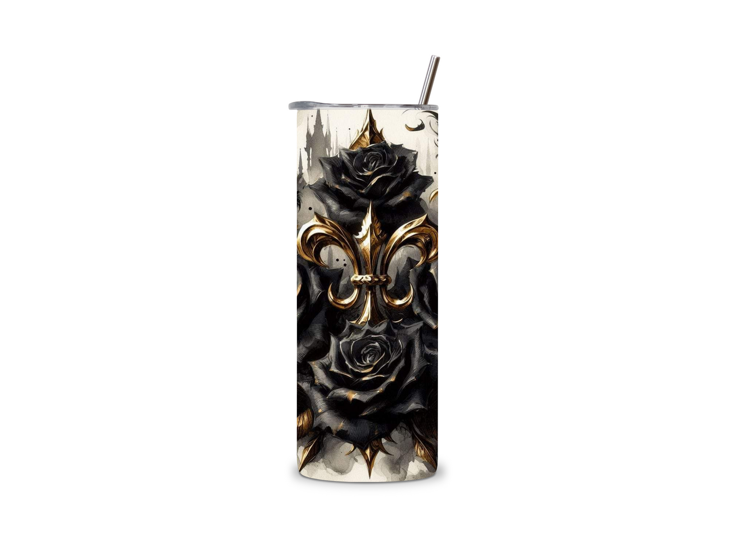 Fleur de Lis and Black Roses Skinny Tumbler