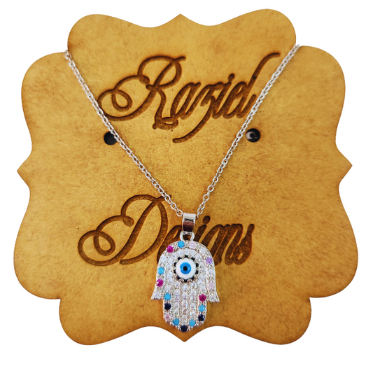 Sparkling Hamsa Hand and Nazar Evil Eye Necklace
