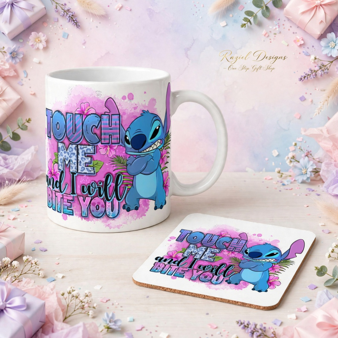 Stitch Touch Me and I Will Bite You Printed Coffee Cup and Coaster Set