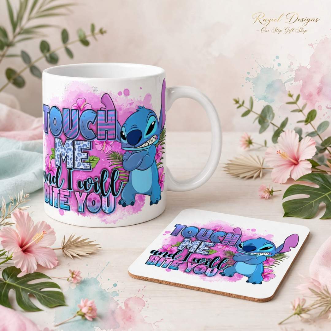 Stitch Touch Me and I Will Bite You Printed Coffee Cup and Coaster Set