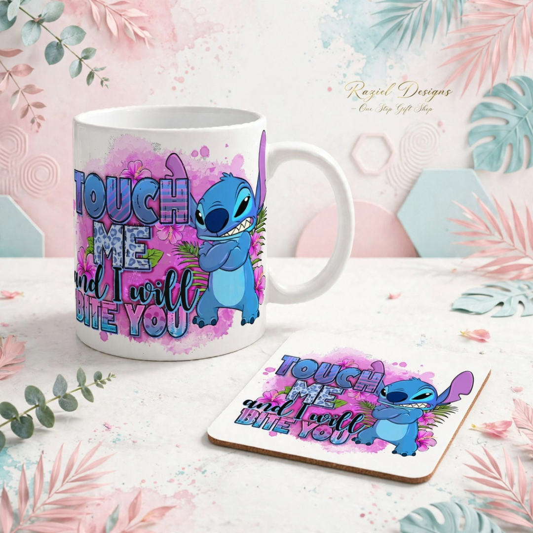 Stitch Touch Me and I Will Bite You Printed Coffee Cup and Coaster Set