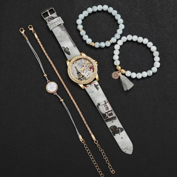 Timeless Tranquility: Howlite & Leather Watch & Bracelet Set ⌚✨