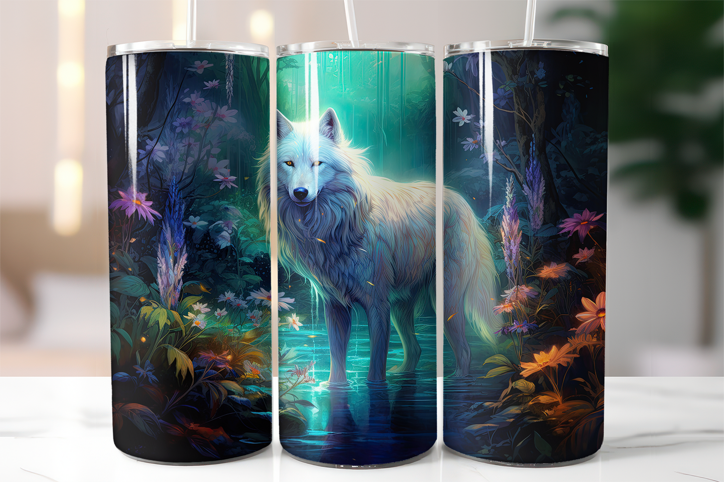 Enchanted Forest White Wolf 20 Oz Tumbler