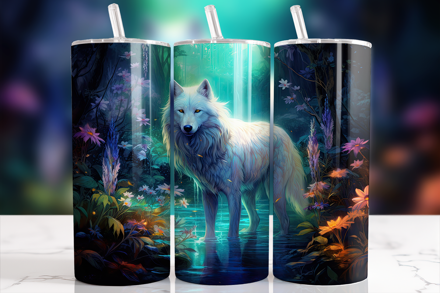 Enchanted Forest White Wolf 20 Oz Tumbler