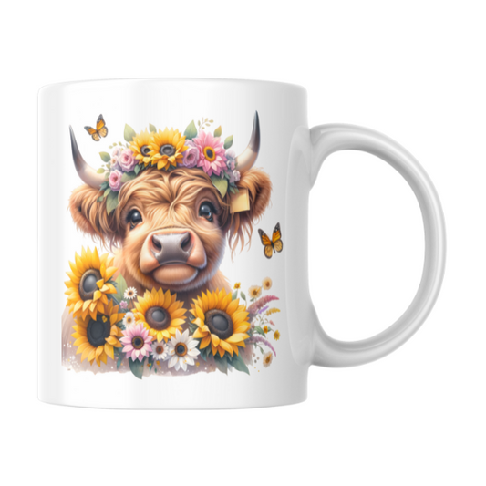 Cute Sunflower Highland Cow Coffee Cup