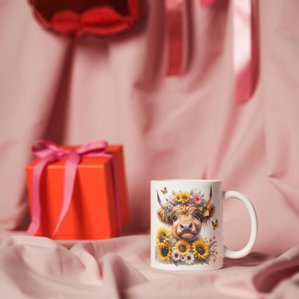 Cute Sunflower Highland Cow Coffee Cup