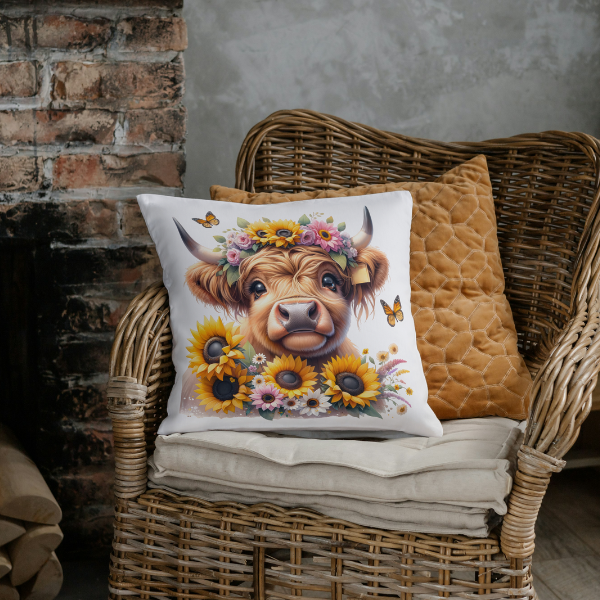 Cute Sunflower Highland Cow Throw Pillow