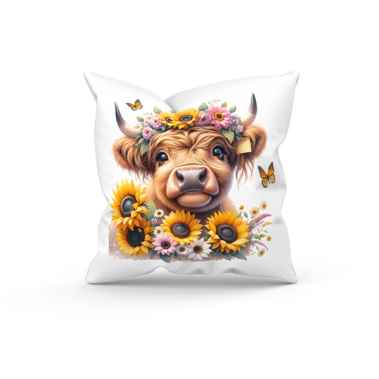 Cute Sunflower Highland Cow Throw Pillow