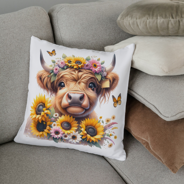 Cute Sunflower Highland Cow Throw Pillow