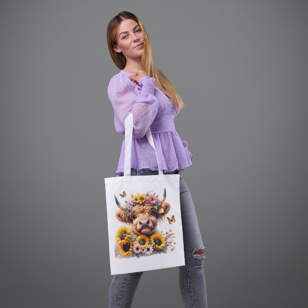 Cute Sunflower Highland Cow Shopping Bag