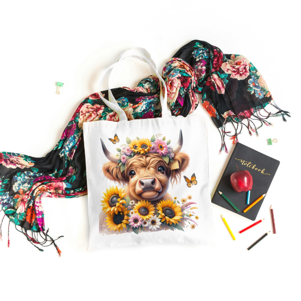 Cute Sunflower Highland Cow Shopping Bag