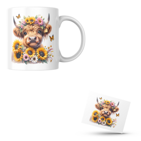 Cute Sunflower Highland Cow Coffee Cup and Coaster Set