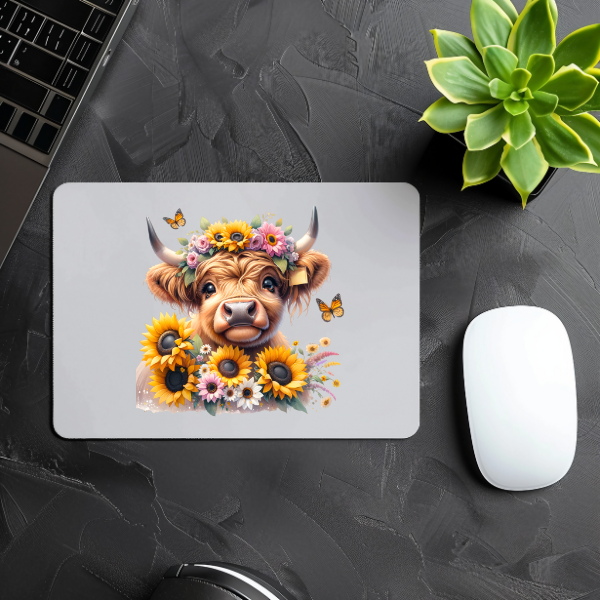 Cute Sunflower Highland Cow Mouse Pad