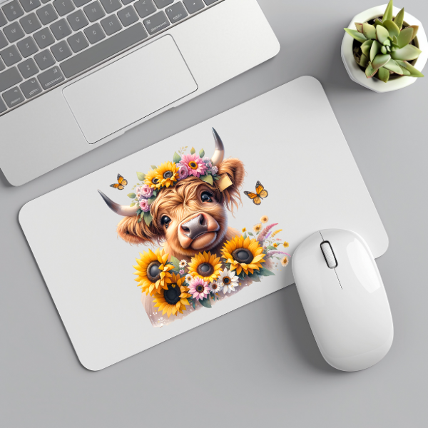 Cute Sunflower Highland Cow Mouse Pad