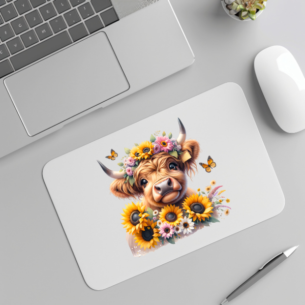 Cute Sunflower Highland Cow Mouse Pad