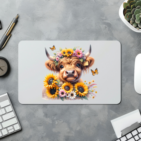 Cute Sunflower Highland Cow Mouse Pad