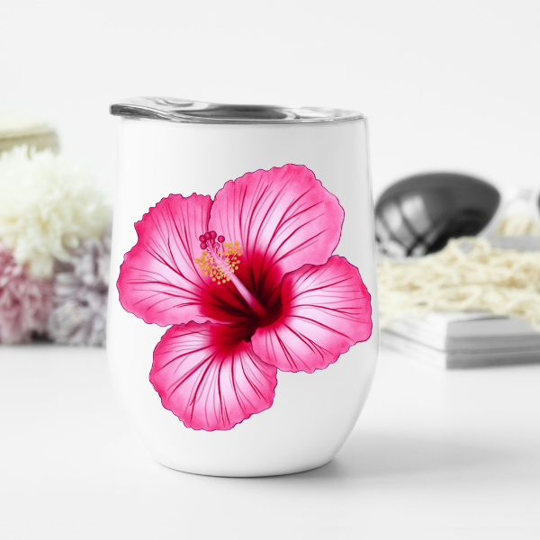 Pink Hibiscus Flower 12 oz Wine Tumbler