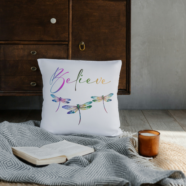 Believe Dragonfly Throw Pillow