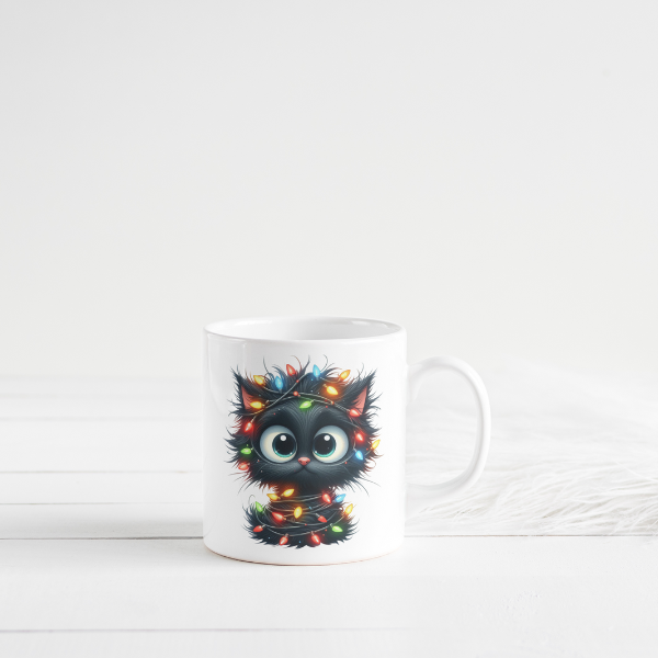 Cute Black Cat With Christmas Lights Coffee Cup