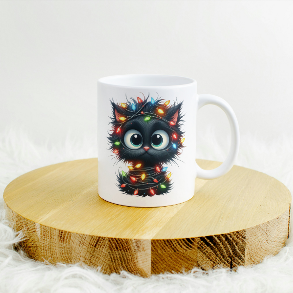 Cute Black Cat With Christmas Lights Coffee Cup