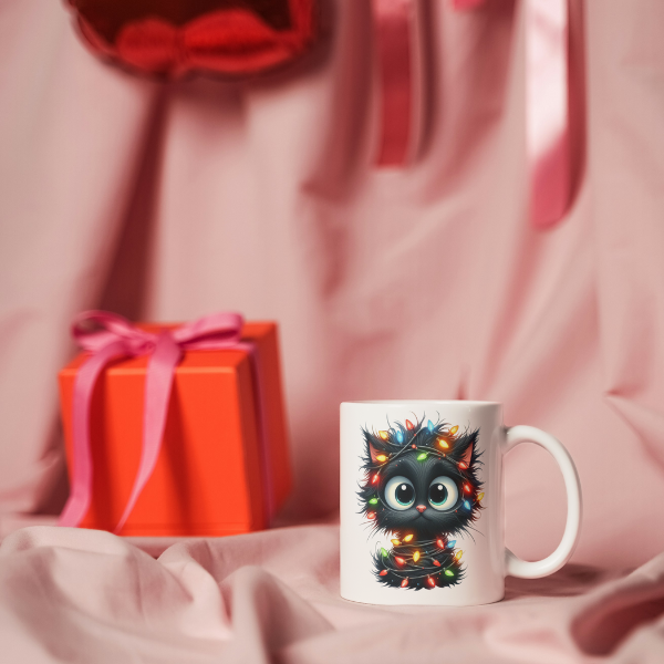 Cute Black Cat With Christmas Lights Coffee Cup