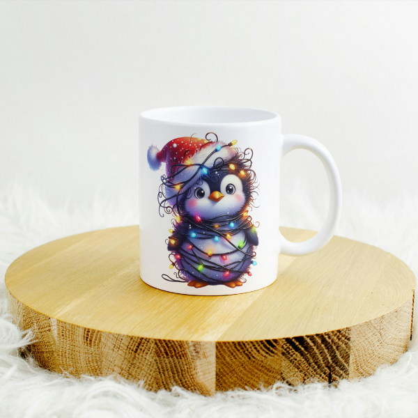 Cute Penguin with Christmas Lights Coffee Cup