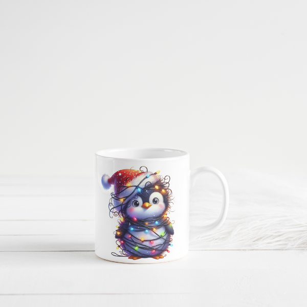 Cute Penguin with Christmas Lights Coffee Cup