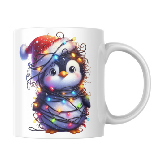 Cute Penguin with Christmas Lights Coffee Cup