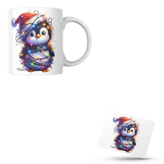 Cute Penguin with Christmas Lights Coffee Cup and Coaster Set