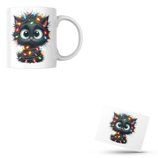 Cute Black Cat With Christmas Lights Coffee Cup and Coaster Set