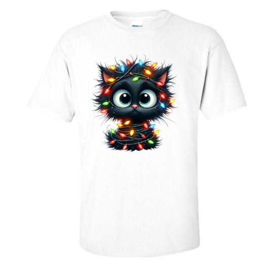 Cute Black Cat With Christmas Lights T-Shirt