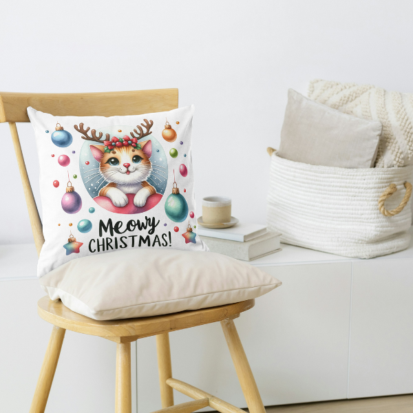 Kitten Meowy Christmas Throw Pillow