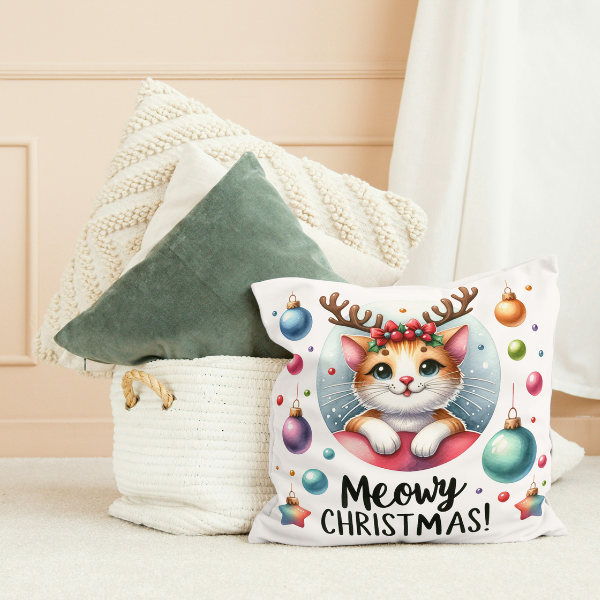 Kitten Meowy Christmas Throw Pillow