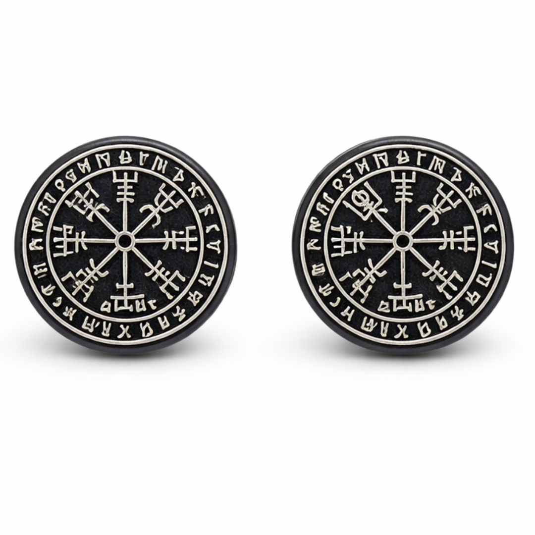 Vegvísir Rune Compass Black Nordic Stud Earrings