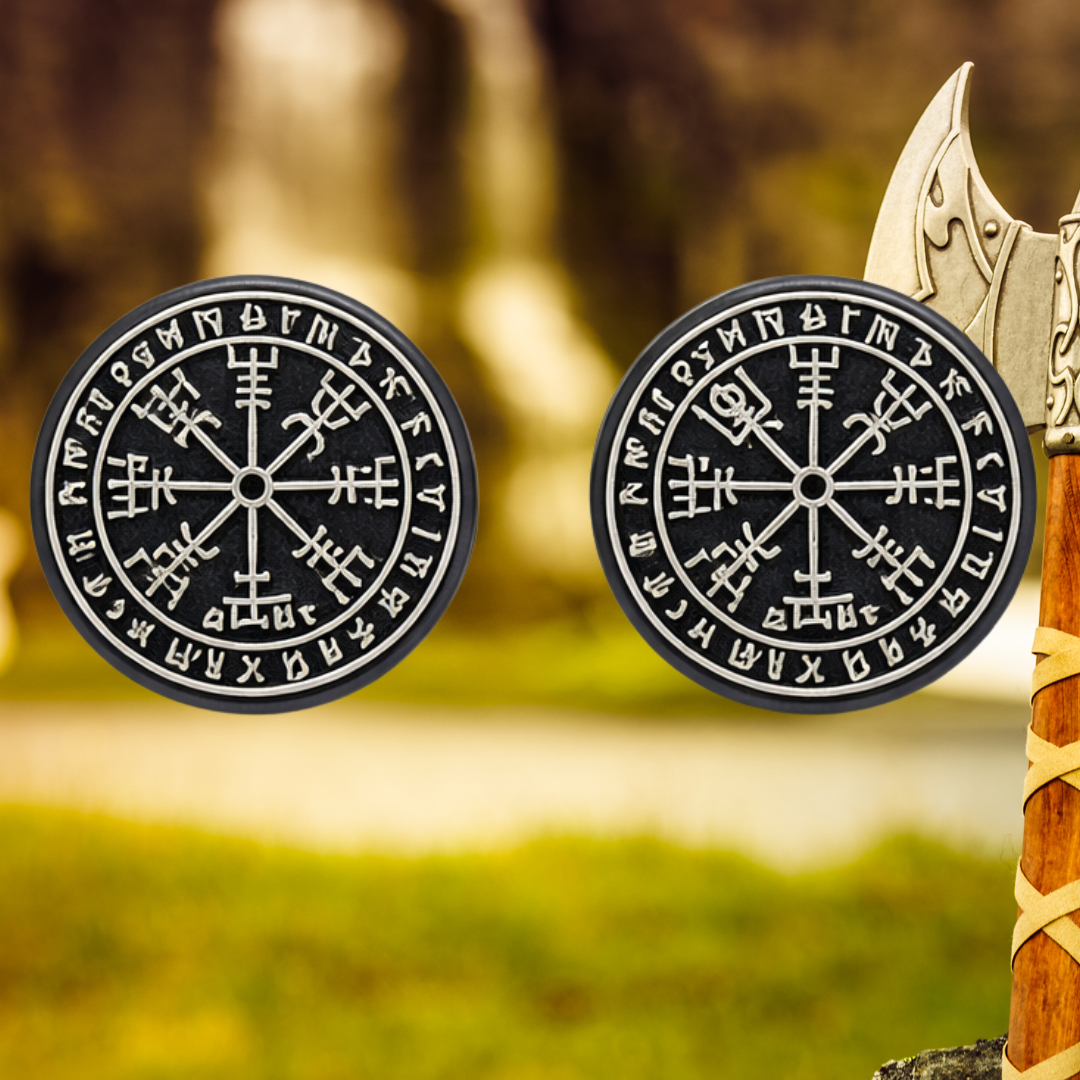 Vegvísir Rune Compass Black Nordic Stud Earrings