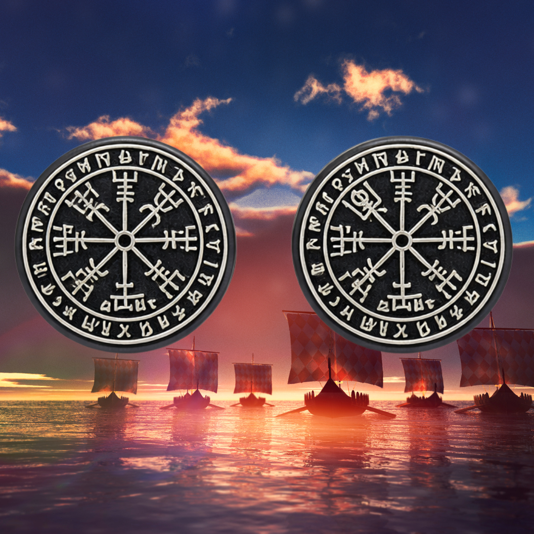 Vegvísir Rune Compass Black Nordic Stud Earrings