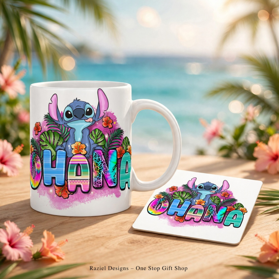 Stitch Ohana Themed Printed Coffee Cup and Coaster Set
